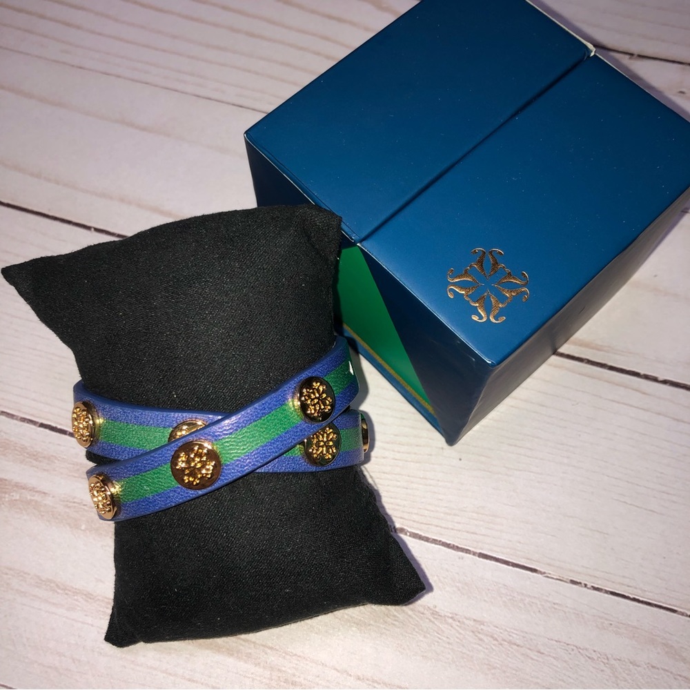 Rustic Cuff Blue Green Stripe Gold Circle Logo Double Wrap-Never worn